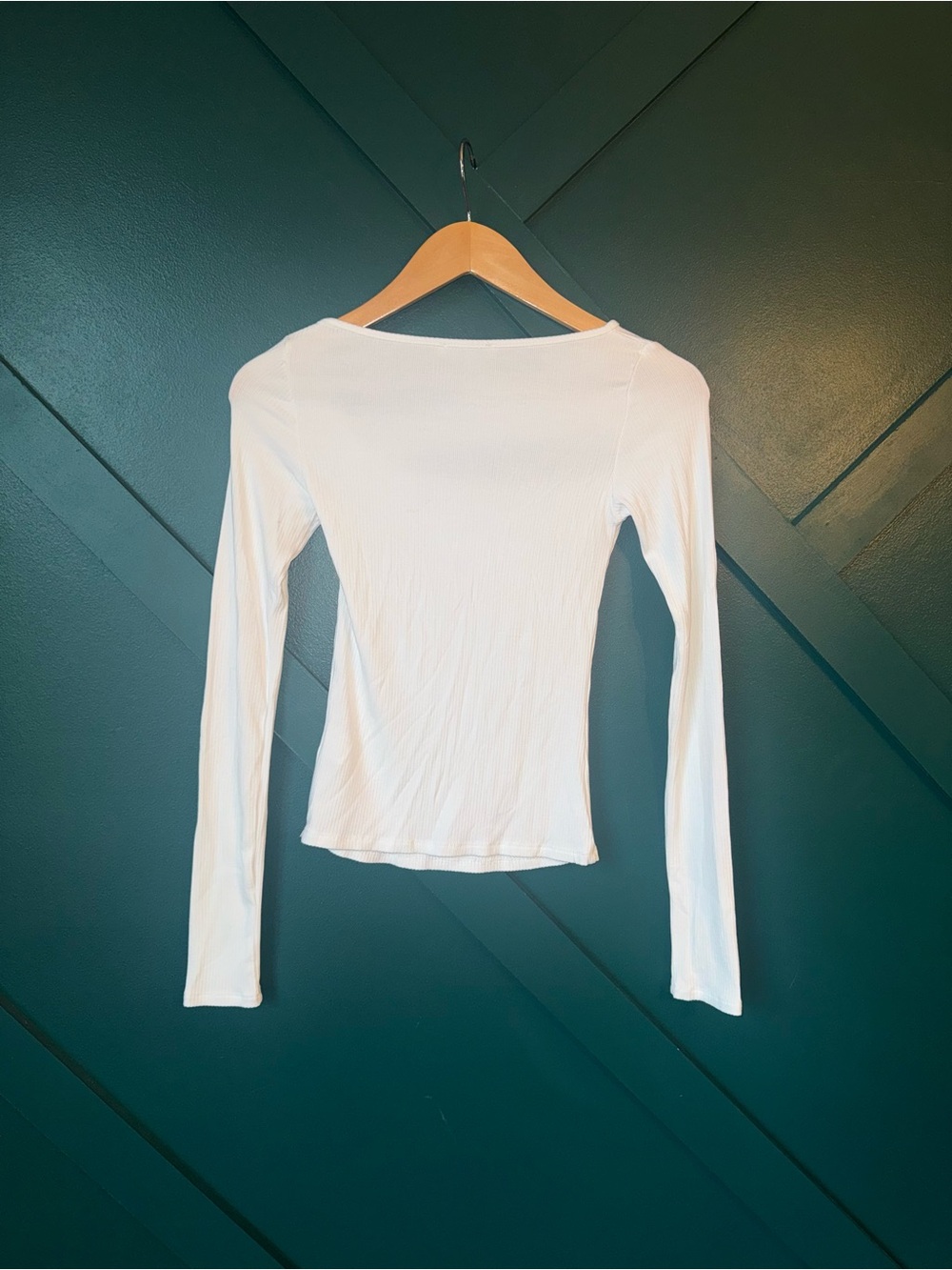 Olivaceous White Ribbed Asymmetrical Cutout Long Sleeve Top Y2K Coquette - Picture 3 of 7